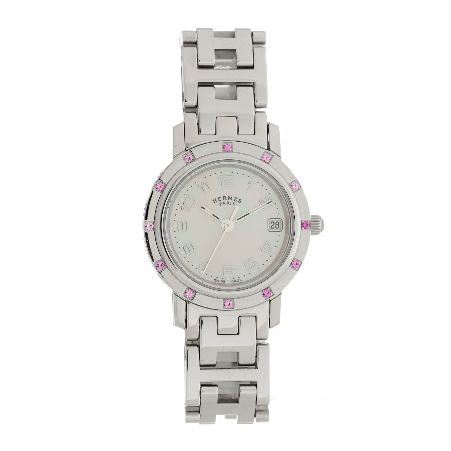Hermes Stainless Steel Pink Sapphire Mother of Pearl 24mm Clipper Nacre Quartz Watch 1 of 4