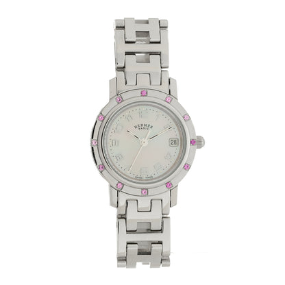 Hermes Stainless Steel Pink Sapphire Mother of Pearl 24mm Clipper Nacre Quartz Watch 1 of 4