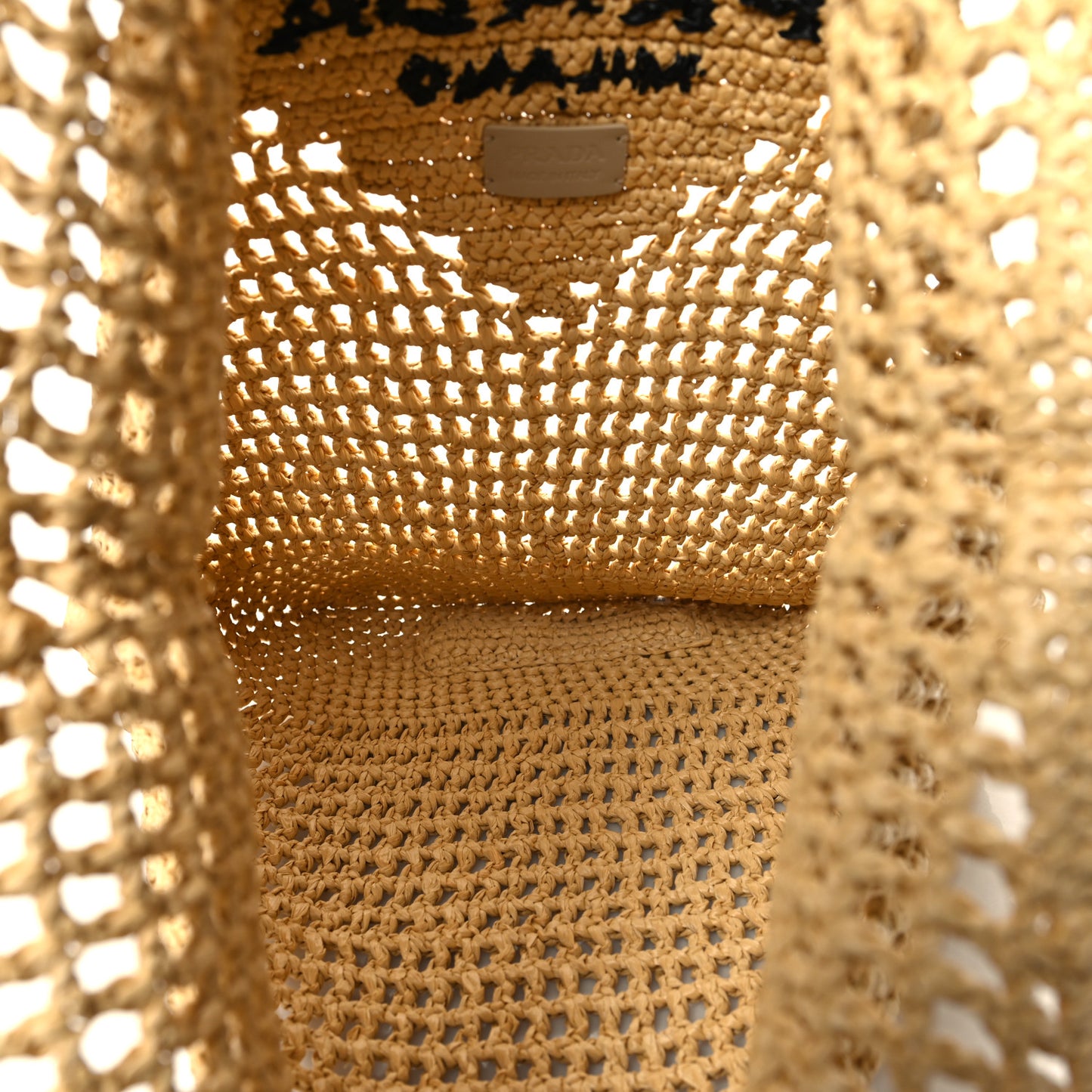 Yarn Raffia Effect Crochet Logo Embroidered Shopping Tote Bag Naturale