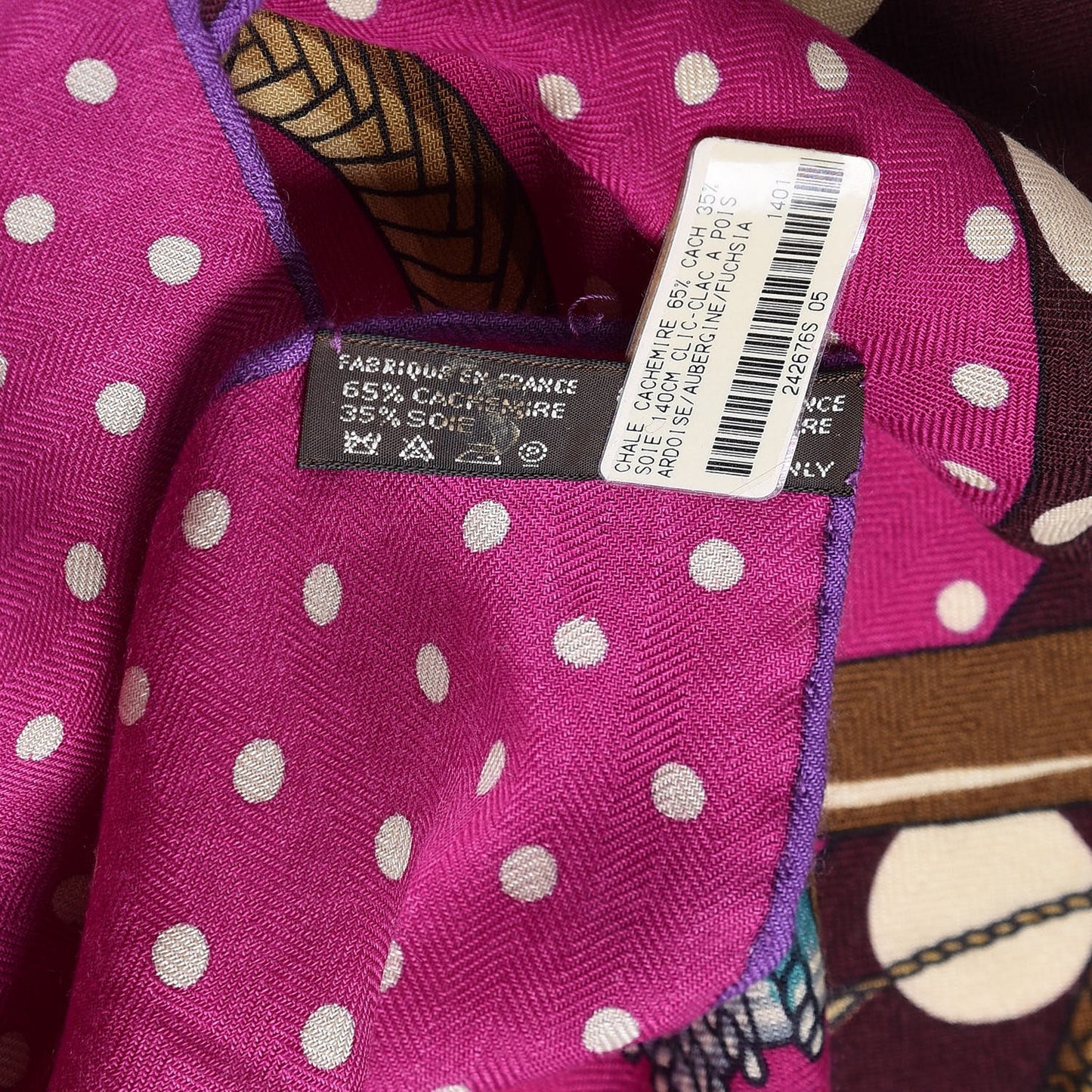 Cashmere Silk Clic Clac A Pois Shawl 140 Ardoise Aubergine Fuchsia