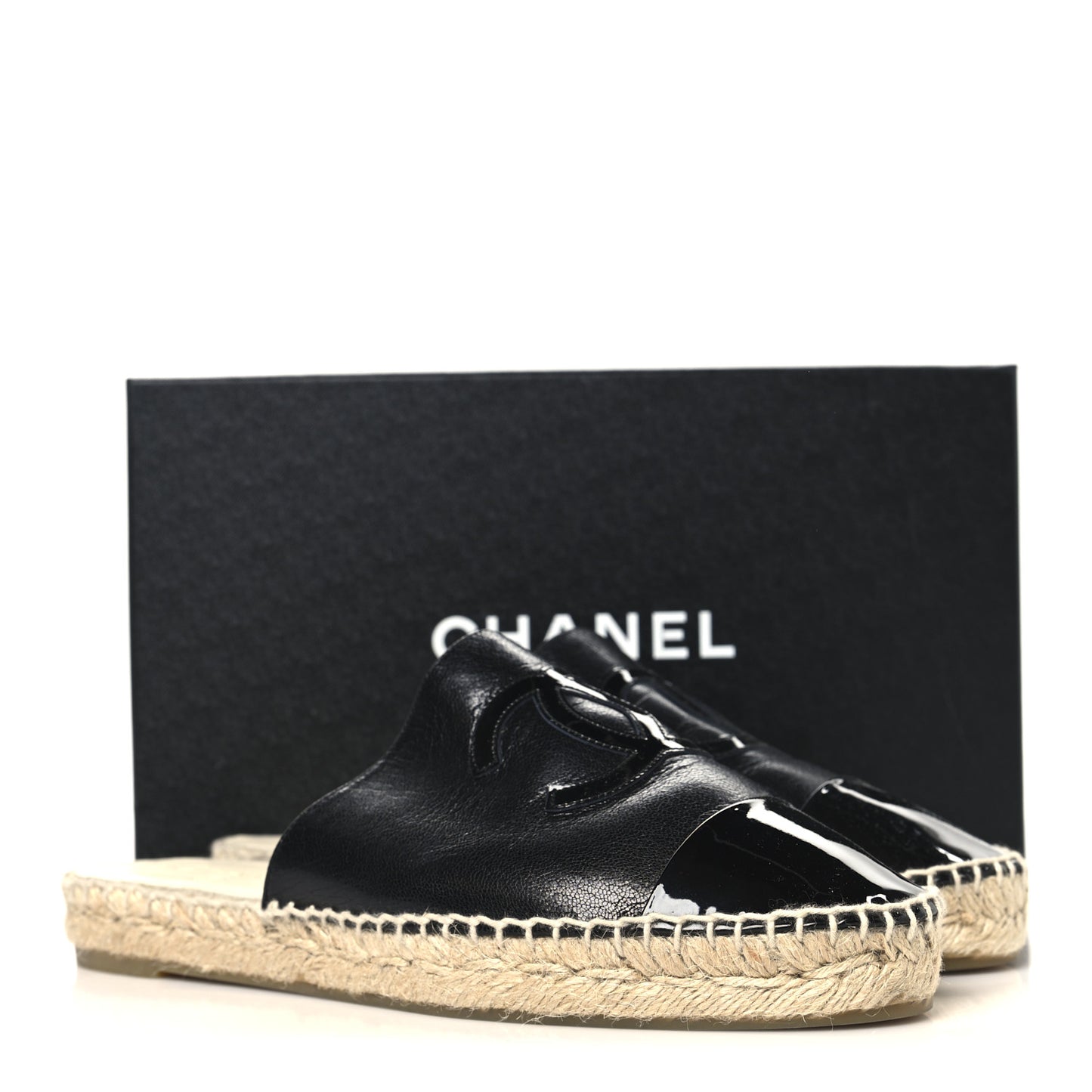 Iridescent Goatskin Patent CC Espadrille Mules 39 Black