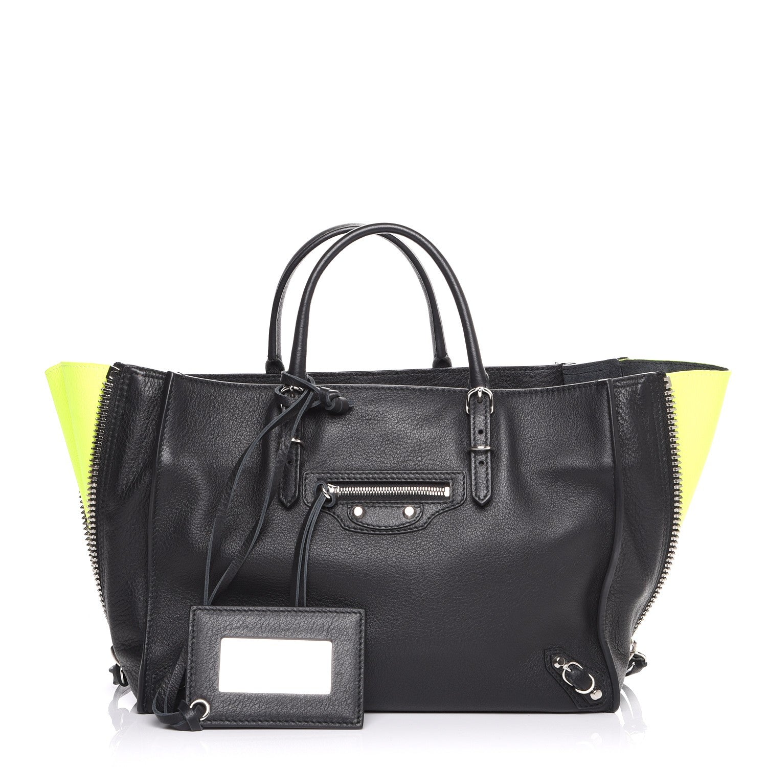 Balenciaga Calfskin Papier Mini A4 Zip Around Tote Black Chartreuse 1 of 9