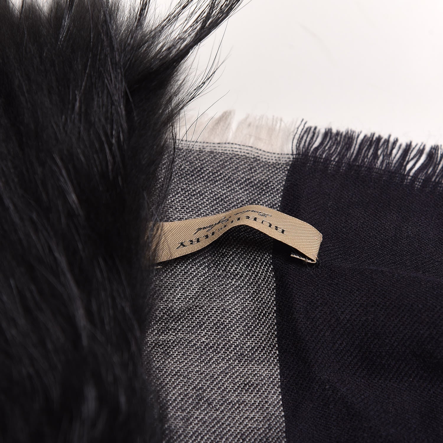 Burberry Cashmere Wool Raccoon Fur Check Print Lightweight Scarf Navy 3 of 4