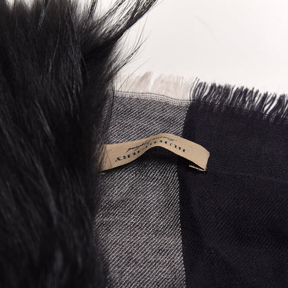 Burberry Cashmere Wool Raccoon Fur Check Print Lightweight Scarf Navy 3 of 4