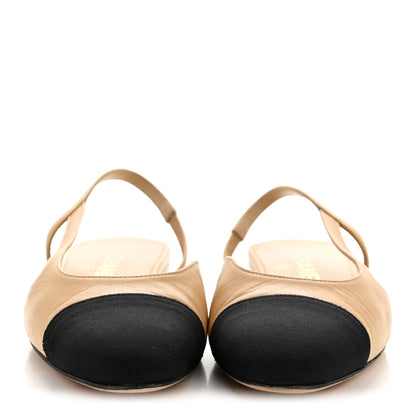 Chanel Goatskin Grosgrain Cap Toe CC Slingback Sandals 36.5 Beige Black 3 of 11
