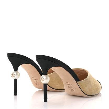 Chanel Suede Grosgrain Cap Toe CC Mules 39 Beige Black 5 of 9