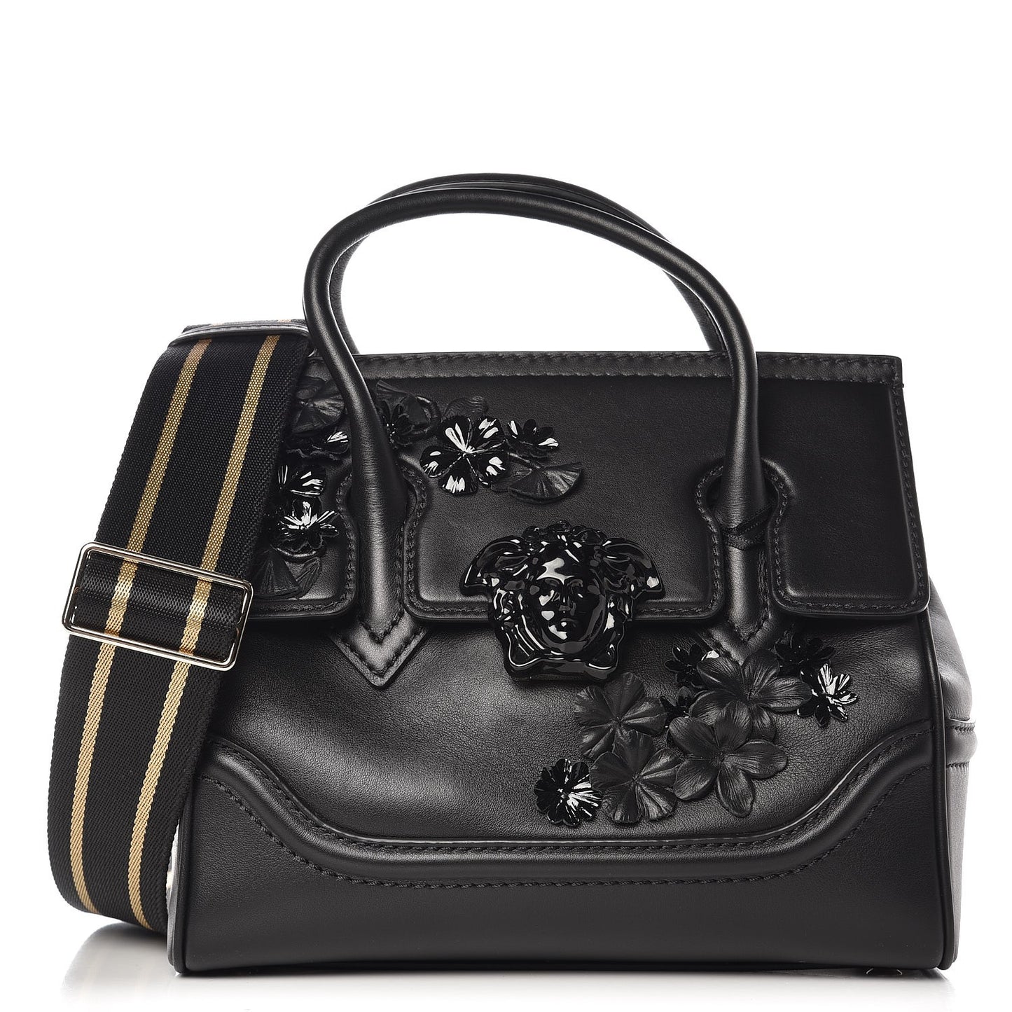 Calfskin Floral Appliques Medium Palazzo Empire Bag Black