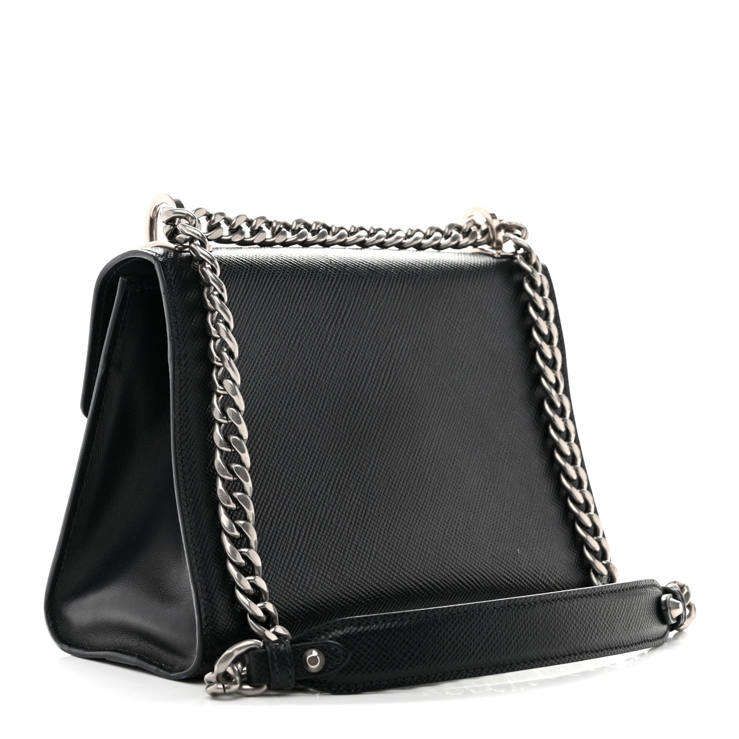 Saffiano Cuir Calfskin Monochrome Envelope Flap Chain Shoulder Bag Black