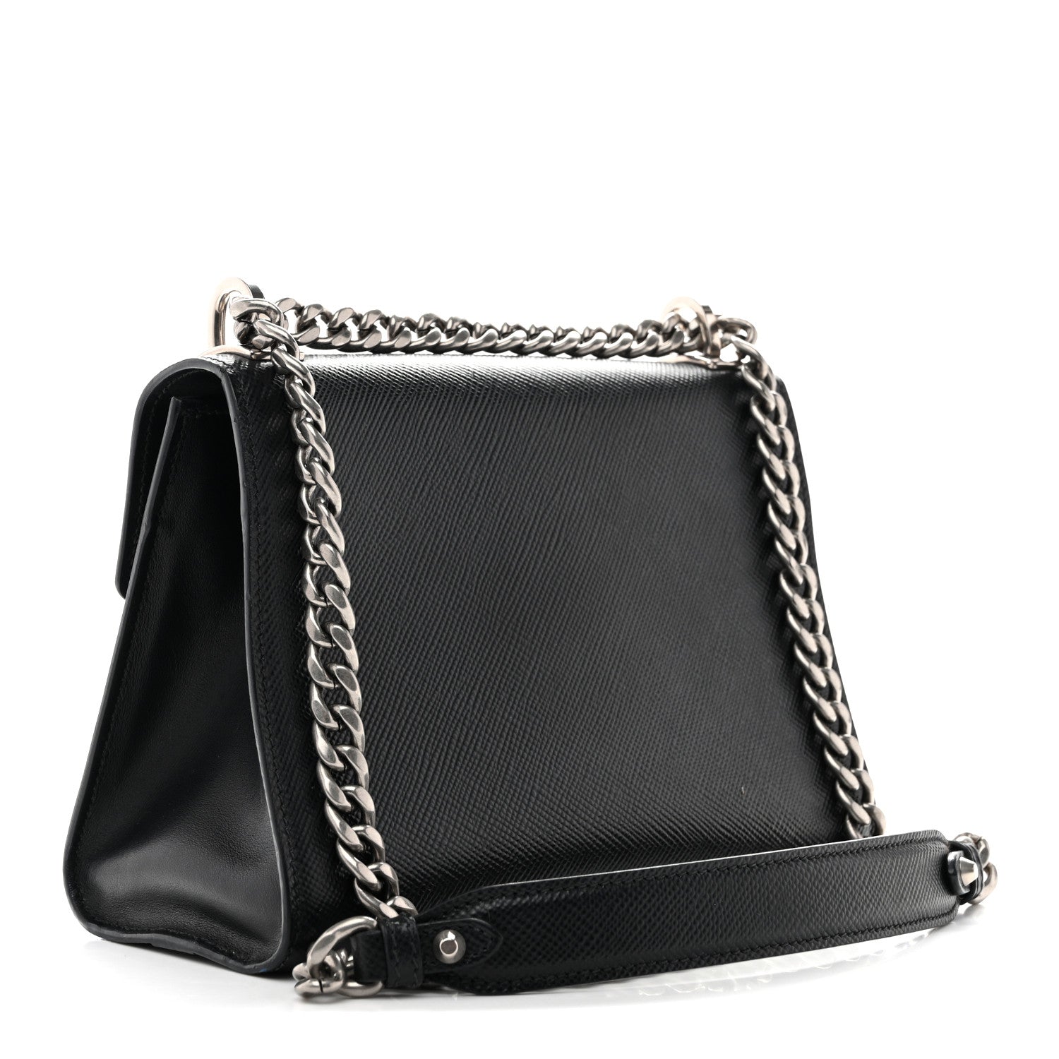 Prada Saffiano Cuir Calfskin Monochrome Envelope Flap Chain Shoulder Bag Black 2 of 12