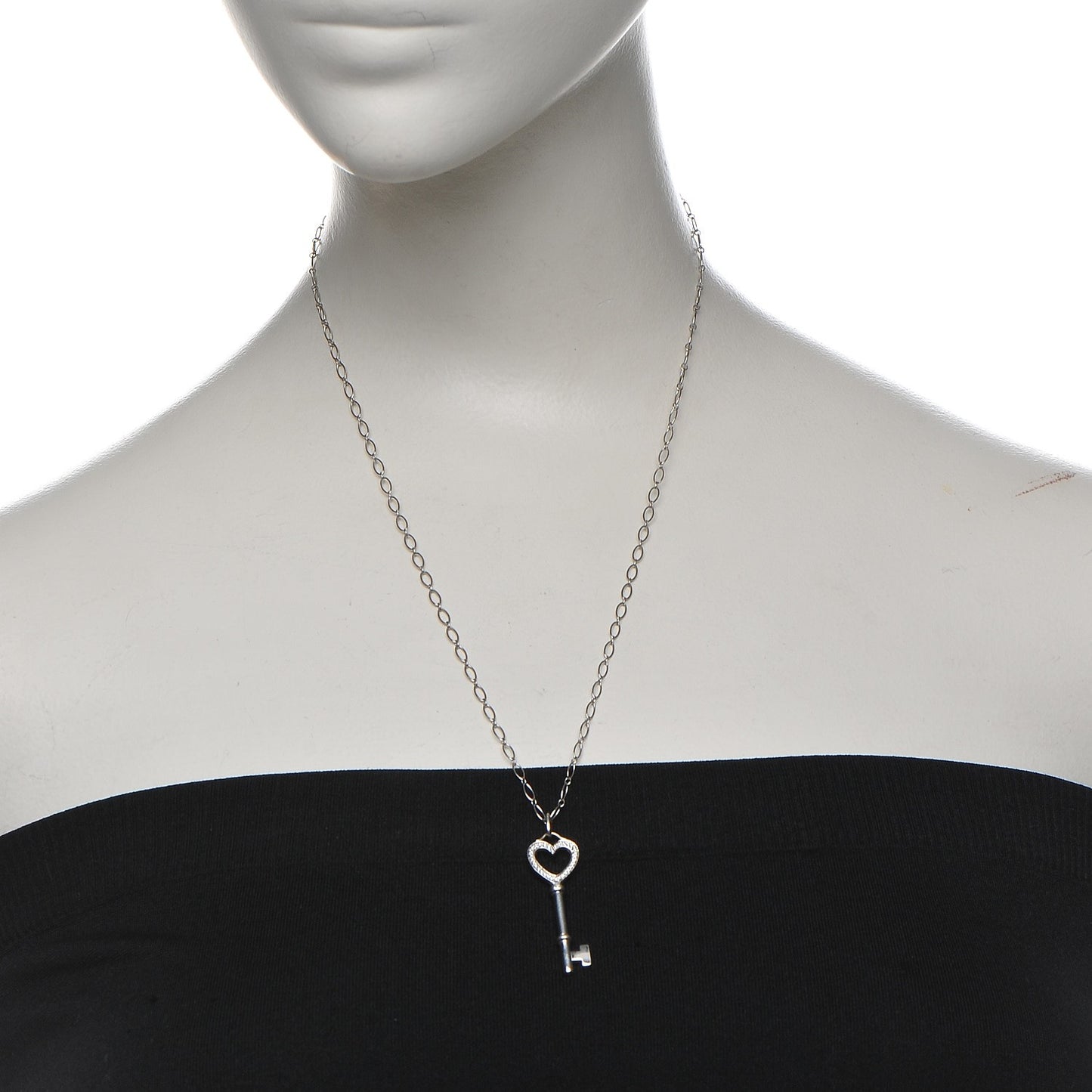 18K White Gold Diamond Mini Heart Key Charm Pendant Link Necklace