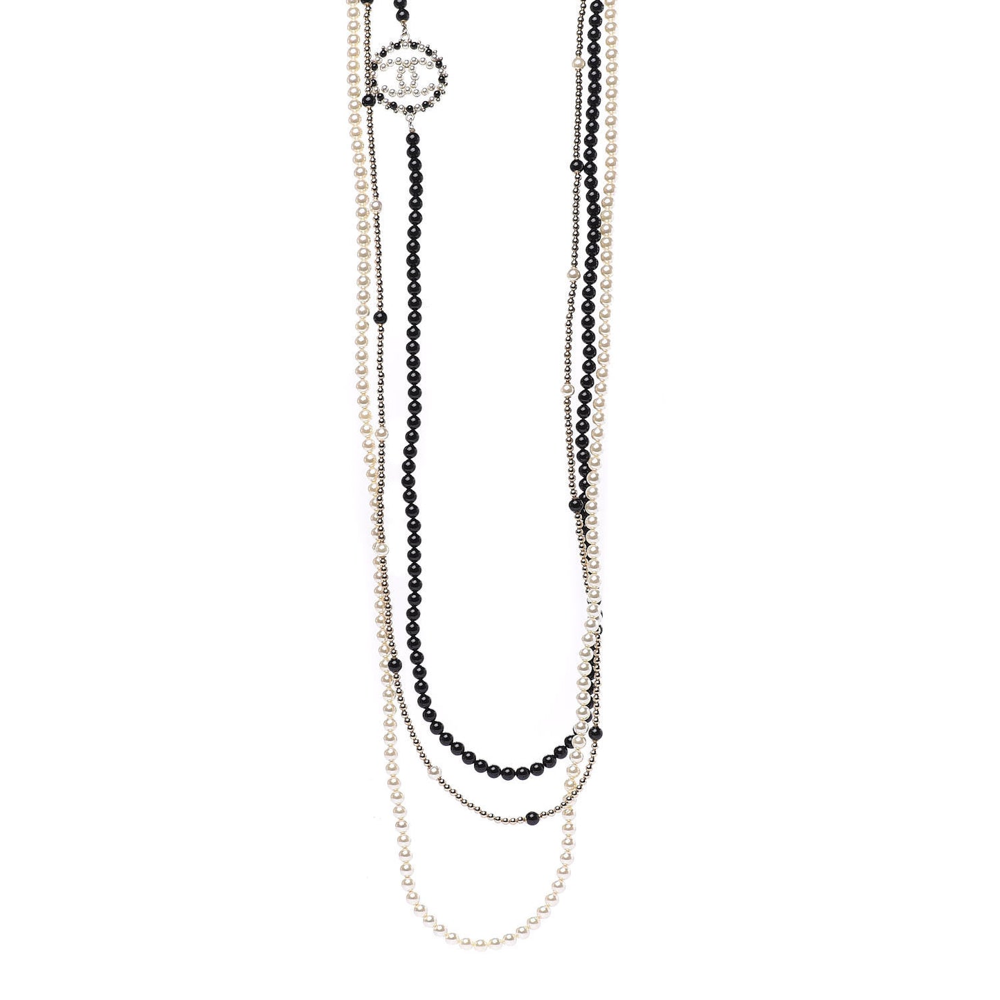 Pearl Beaded CC Multi Strand Long Necklace Black Gold
