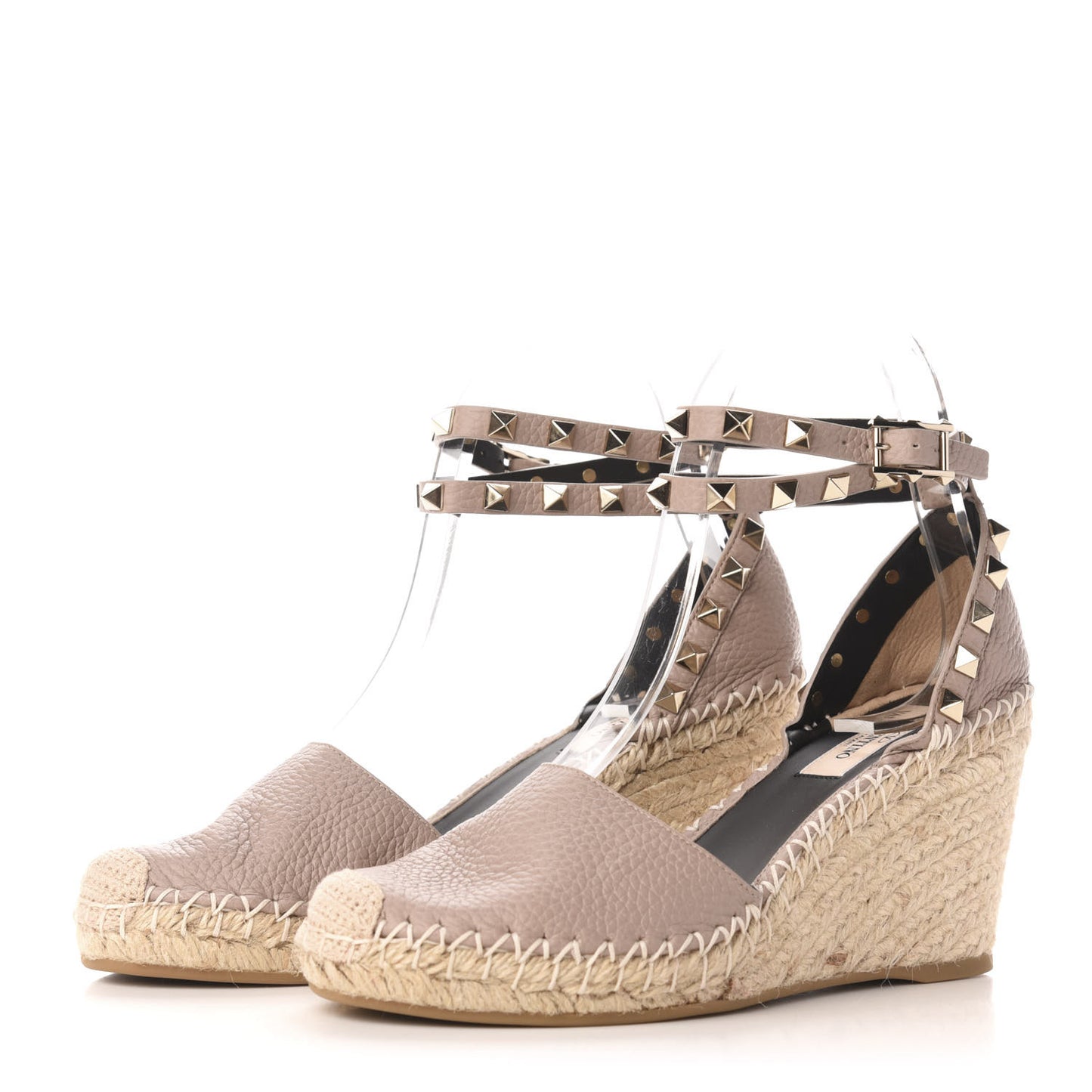Grained Calfskin Rockstud Ankle Wrap Espadrille 15/85mm Wedges 36 Poudre Natural