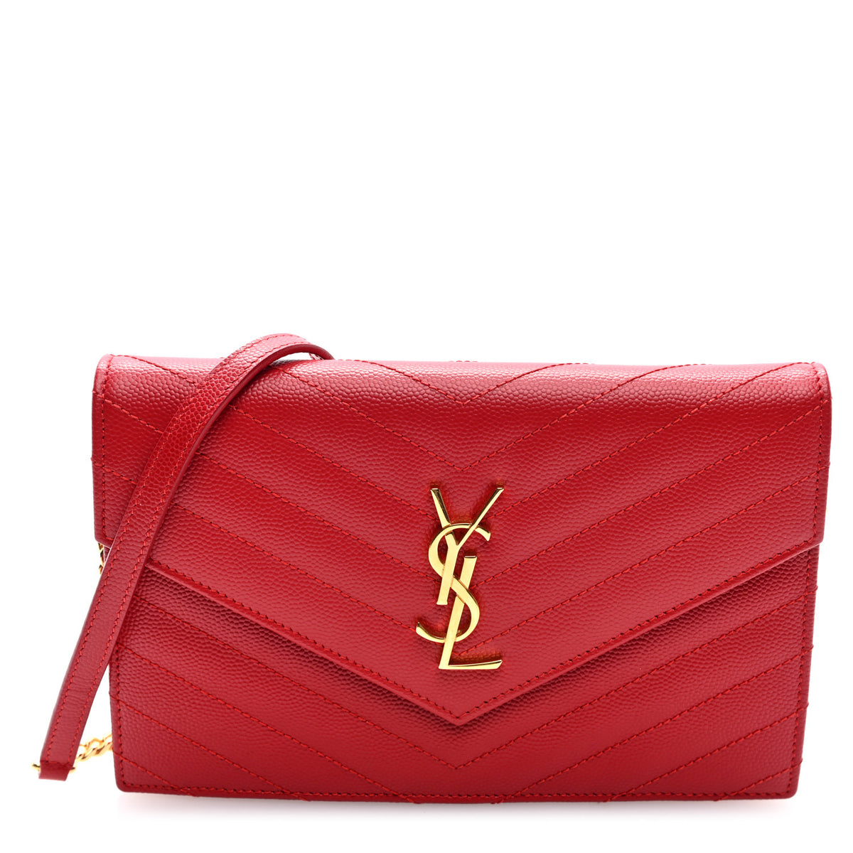 Saint Laurent Grain De Poudre Matelasse Chevron Monogram Envelope Chain Wallet New Red 1 of 9