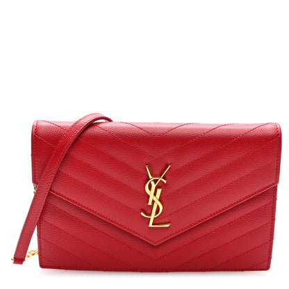 Saint Laurent Grain De Poudre Matelasse Chevron Monogram Envelope Chain Wallet New Red 1 of 9