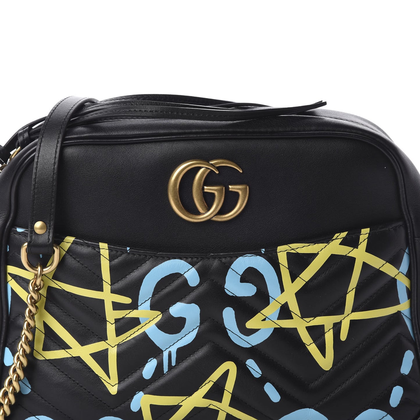 Calfskin Matelasse GucciGhost Medium GG Marmont Chain Shoulder Bag Black New Acquamarine