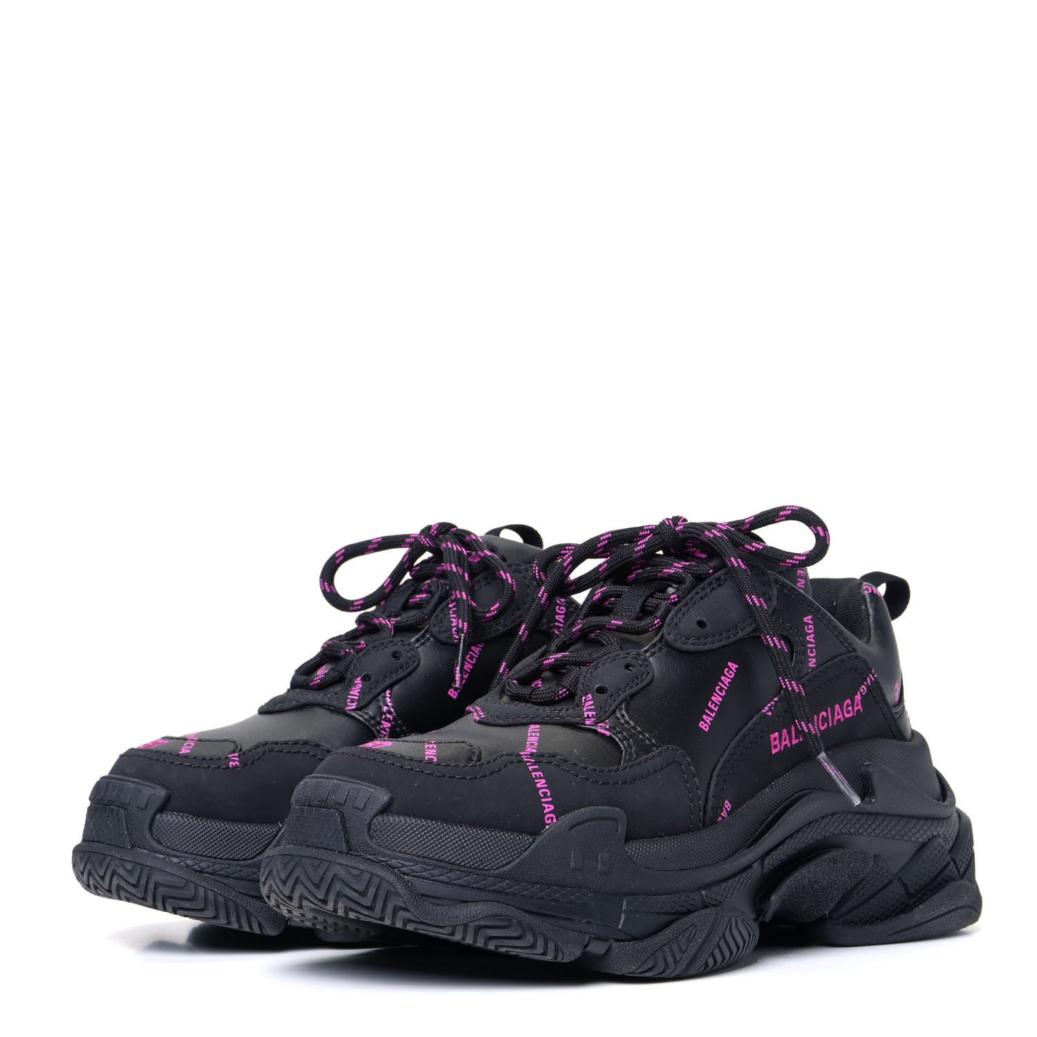 Balenciaga Technical Fabric Allover Logo Womens Triple S Sneakers 37 Black Pink 2 of 5