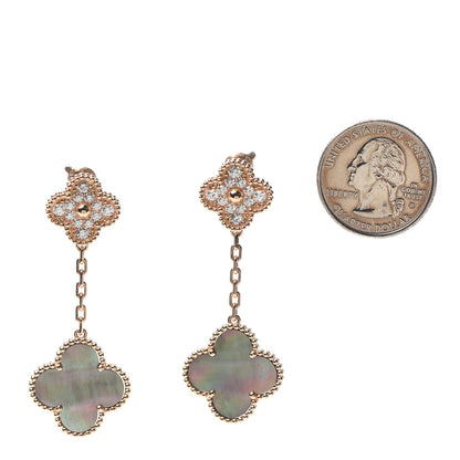 Van Cleef & Arpels 18K Rose Gold Diamond Grey Mother of Pearl Magic Alhambra 2 Motifs Earrings 2 of 6