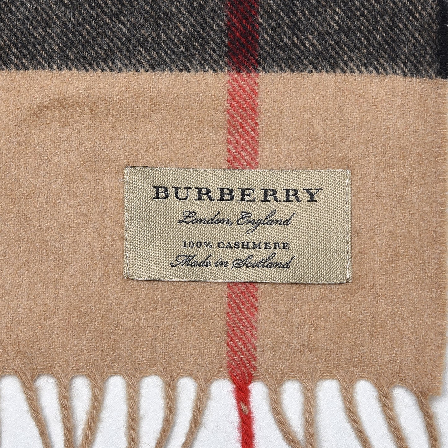 Cashmere Giant Check Fringe Scarf Camel