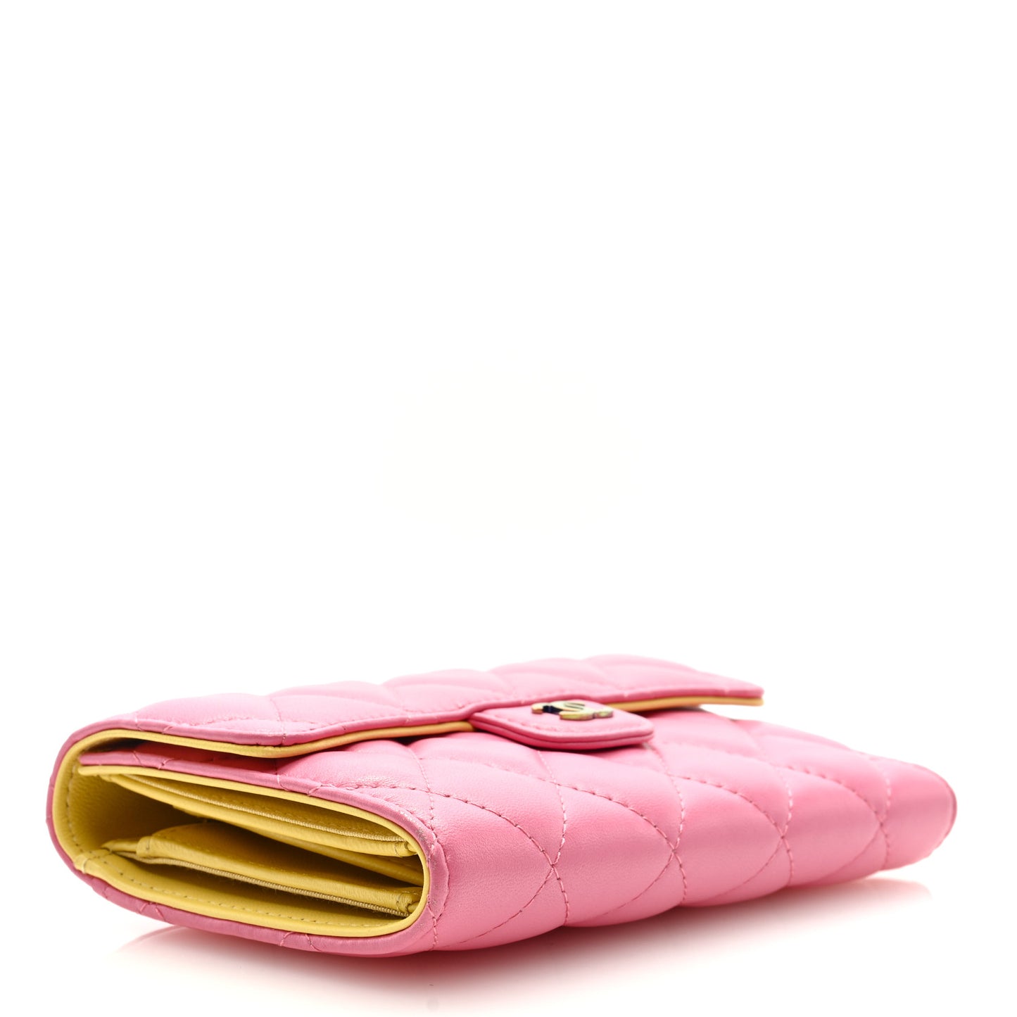 Lambskin Quilted Medium Flap Wallet Pink Yellow