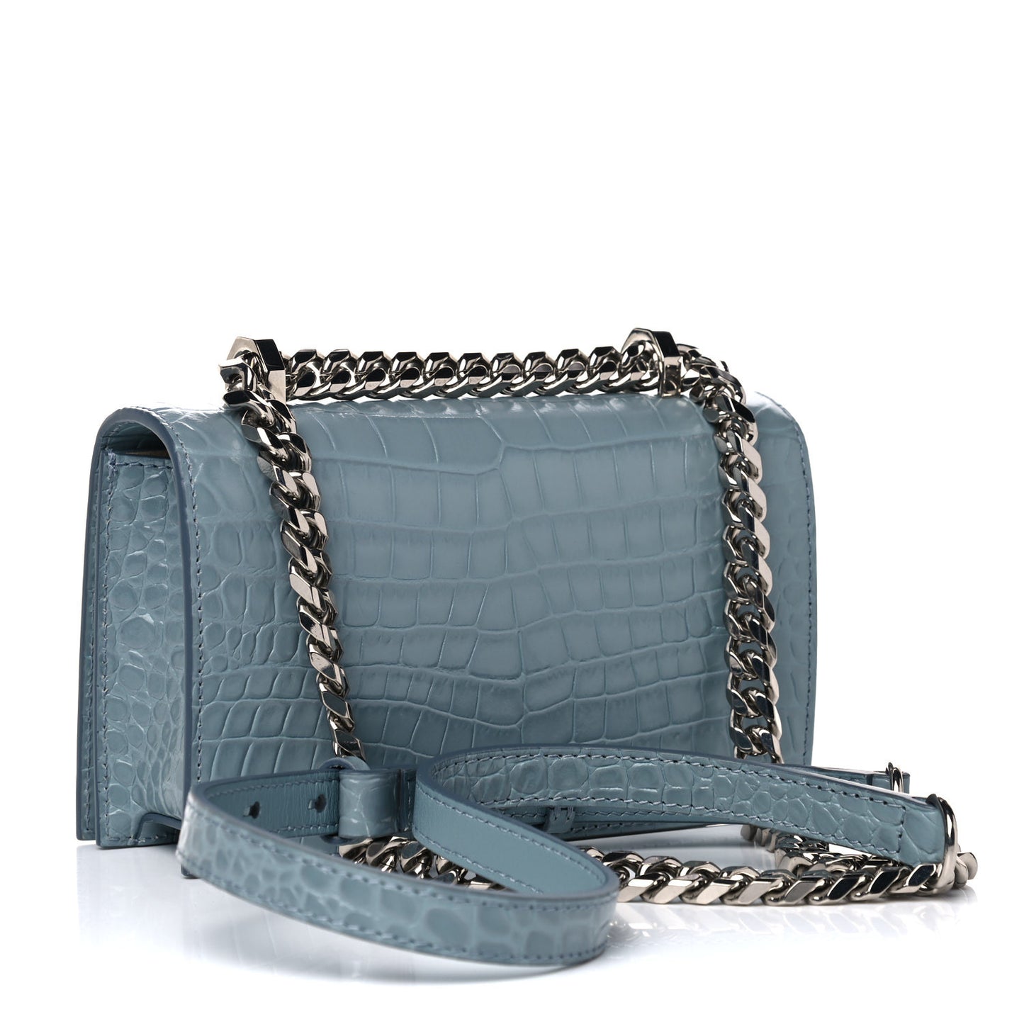 Shiny Crocodile Embossed Jeweled Satchel Blue Grey