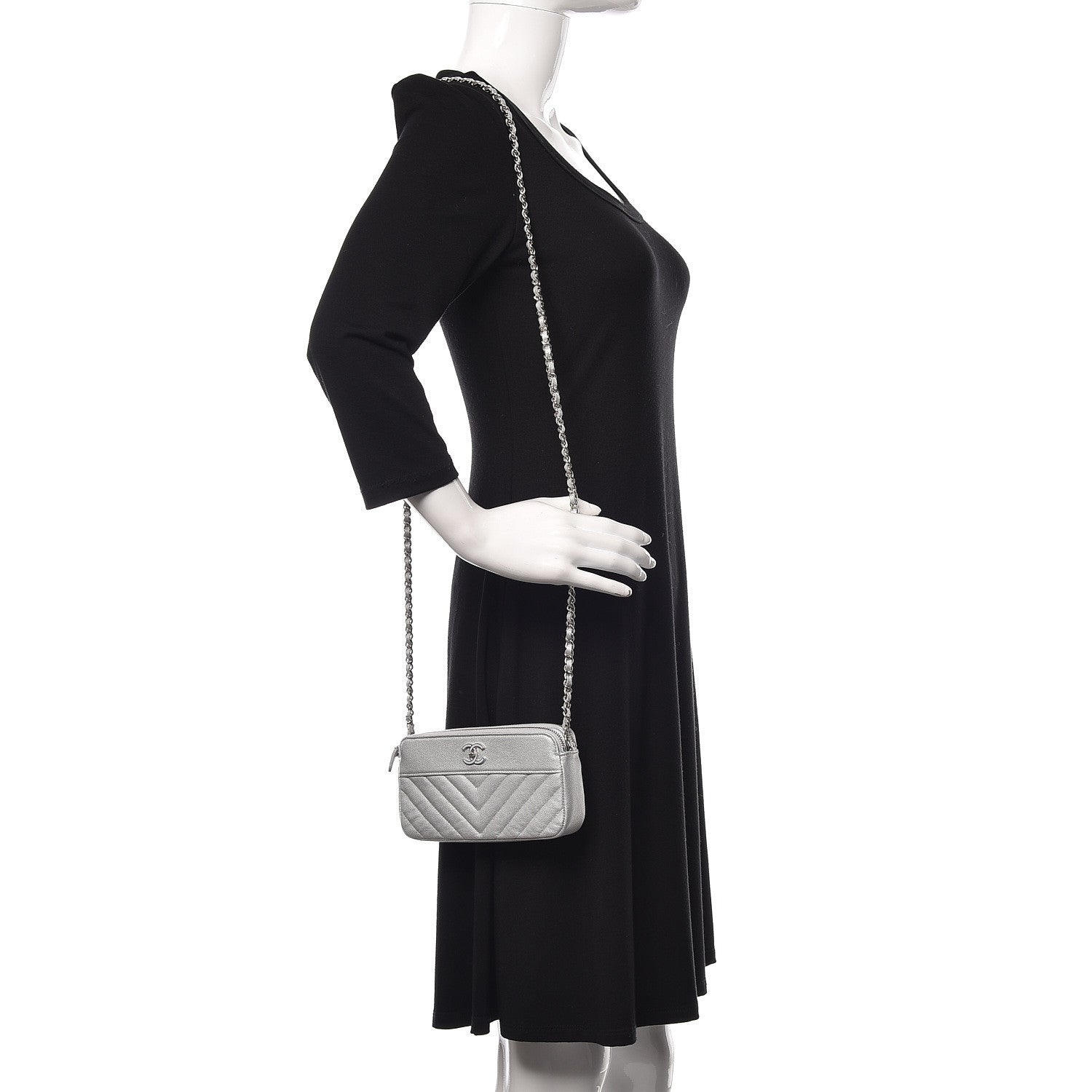 Chanel Metallic Caviar Chevron Quilted Small Vintage Mademoiselle Clutch With Chain Silver 2 of 14