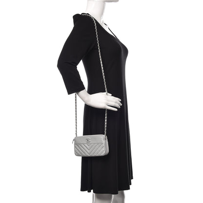 Chanel Metallic Caviar Chevron Quilted Small Vintage Mademoiselle Clutch With Chain Silver 2 of 14