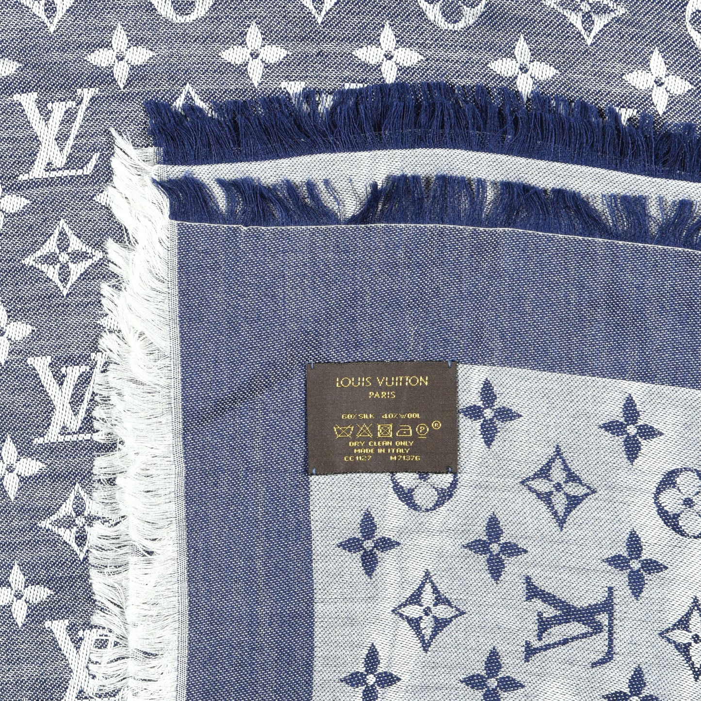 Silk Wool Monogram Denim Shawl Blue