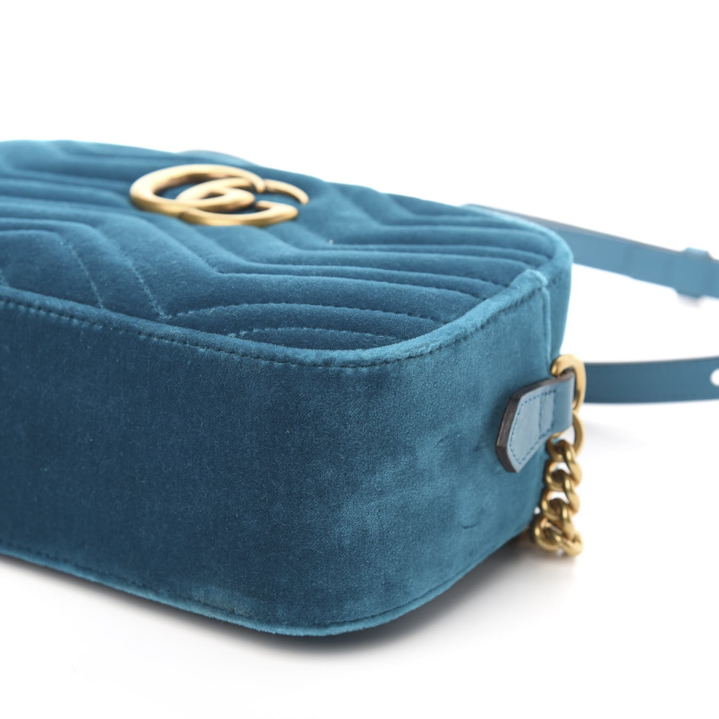 Velvet Matelasse Small GG Marmont Chain Shoulder Bag Pavone Cyan