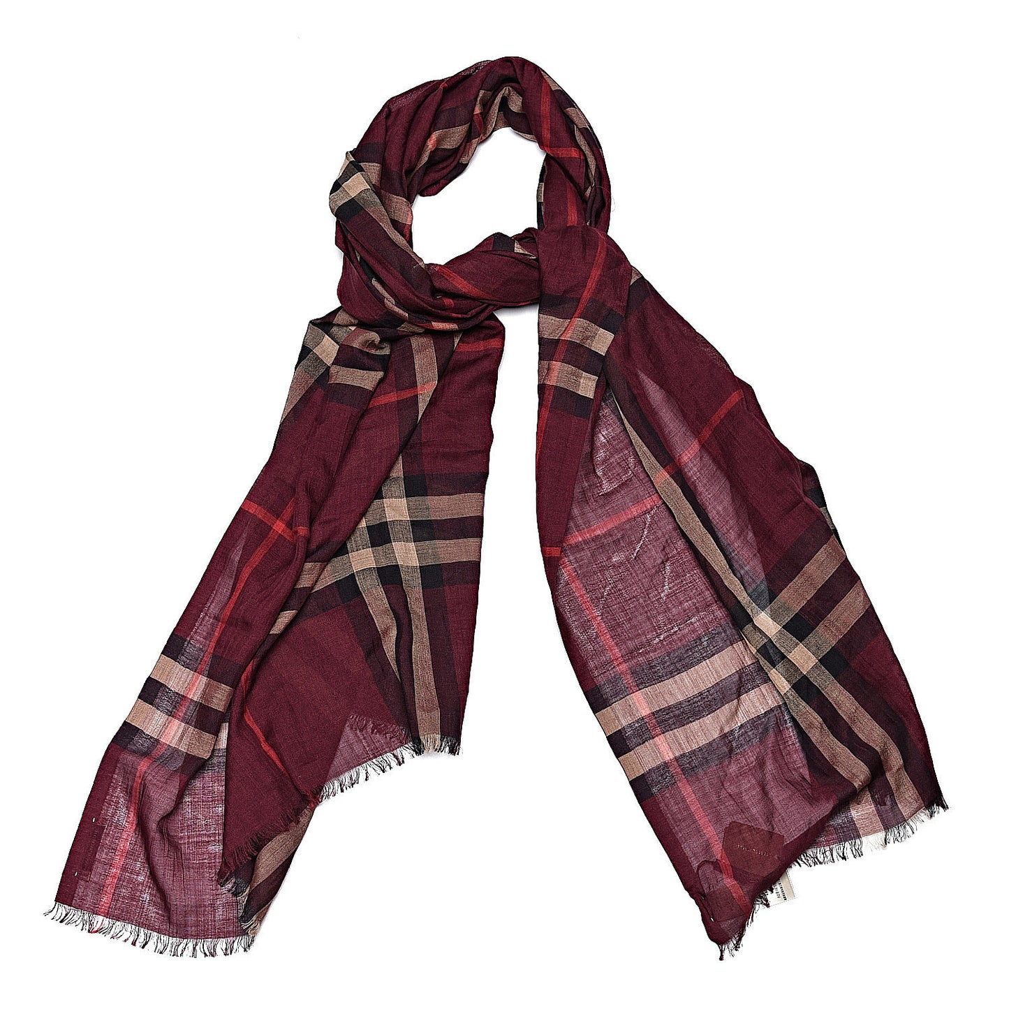 Wool Silk Gauze Giant Check Scarf Claret