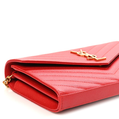 Saint Laurent Grain De Poudre Matelasse Chevron Monogram Chain Wallet Red 8 of 10