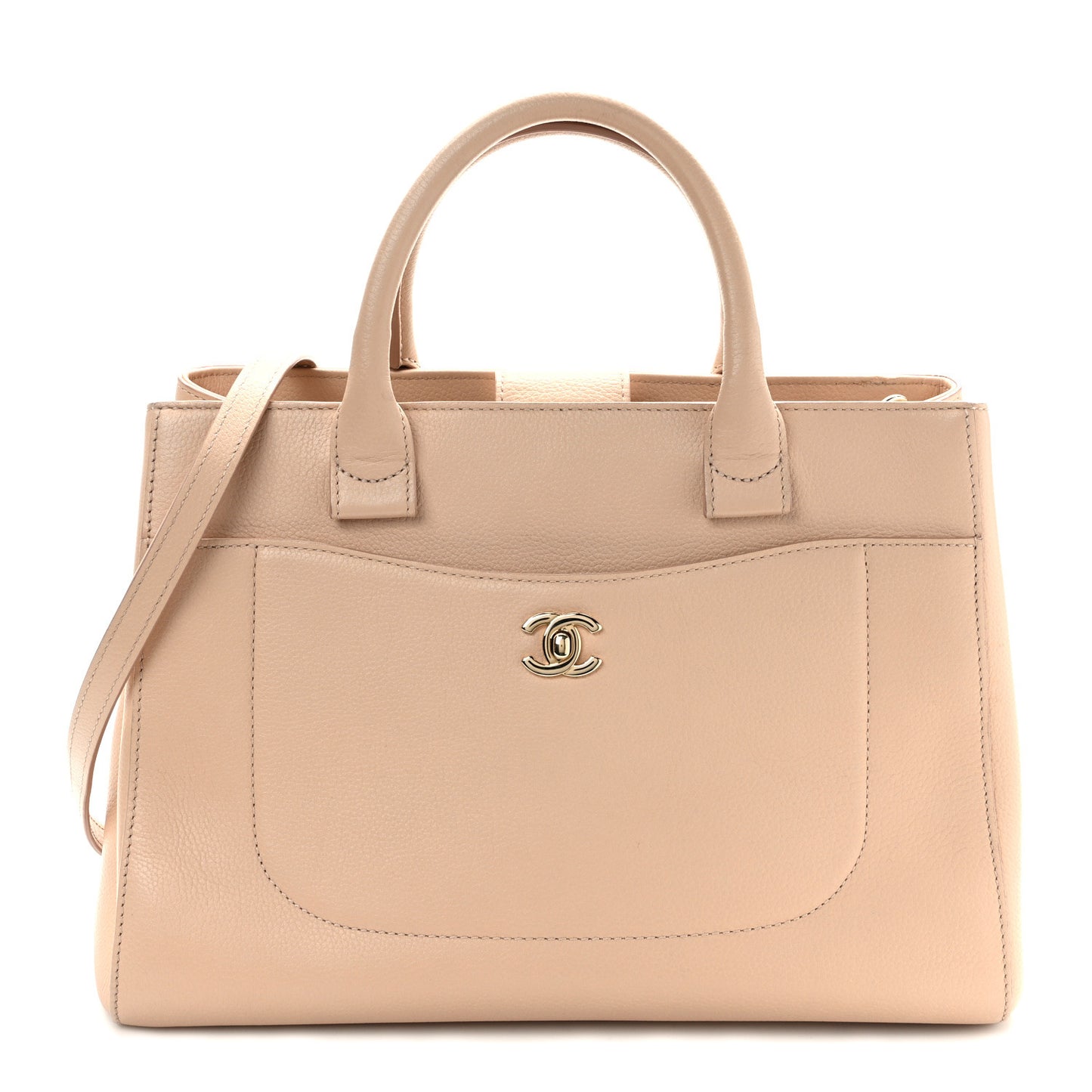 Grained Calfskin Small Neo Executive Shopper Tote Beige