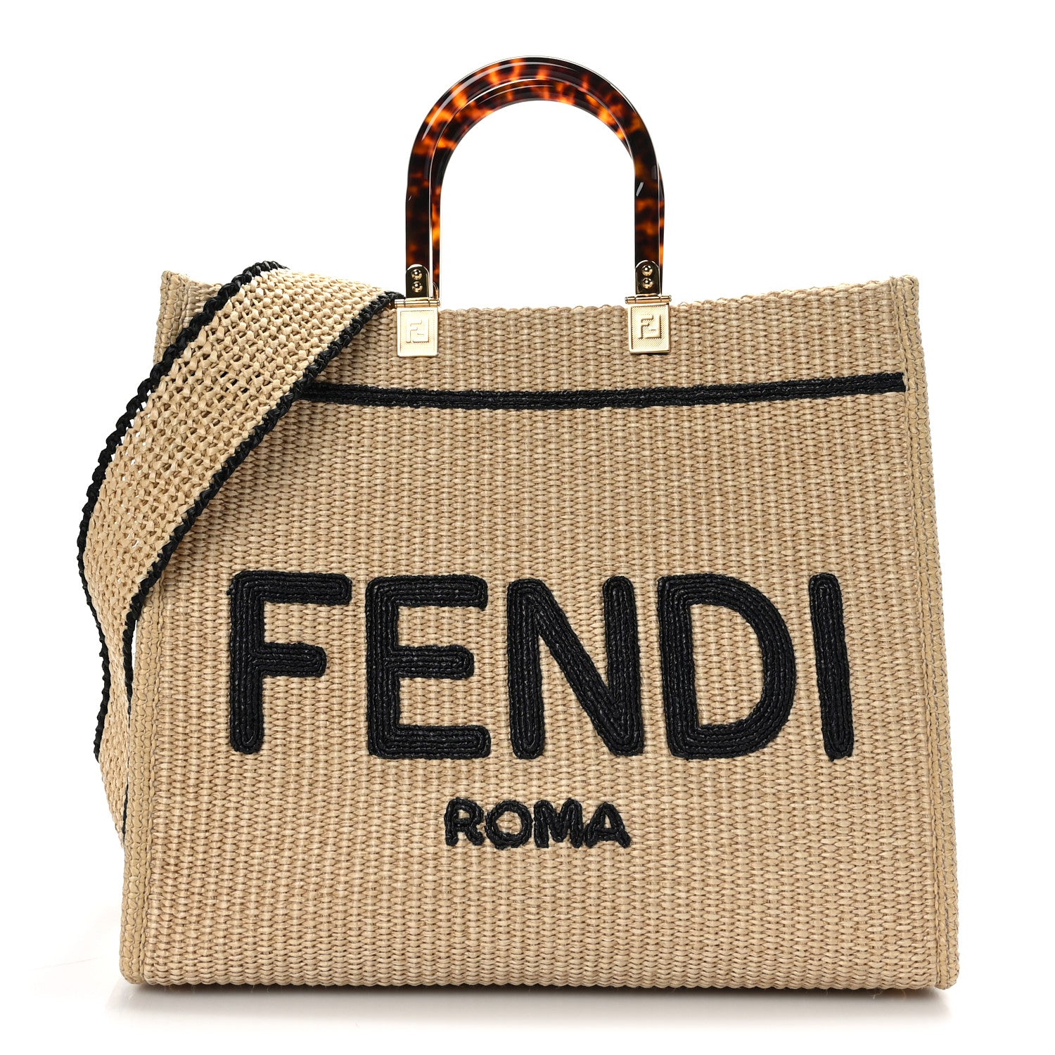 Fendi Straw Vitello King Plexiglass Woven Medium Fendi Sunshine Shopper Tote Natural Black 1 of 11