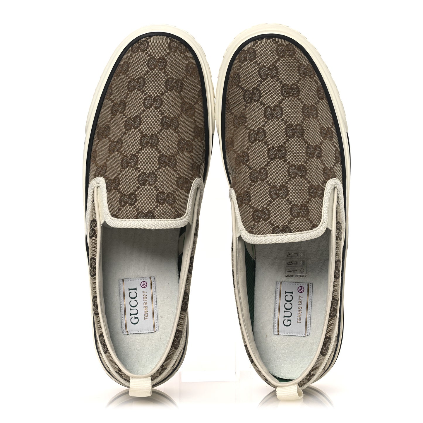 GG Monogram Mens 1977 Tennis Slip On Sneakers 8.5 Beige Ebony Mystic White