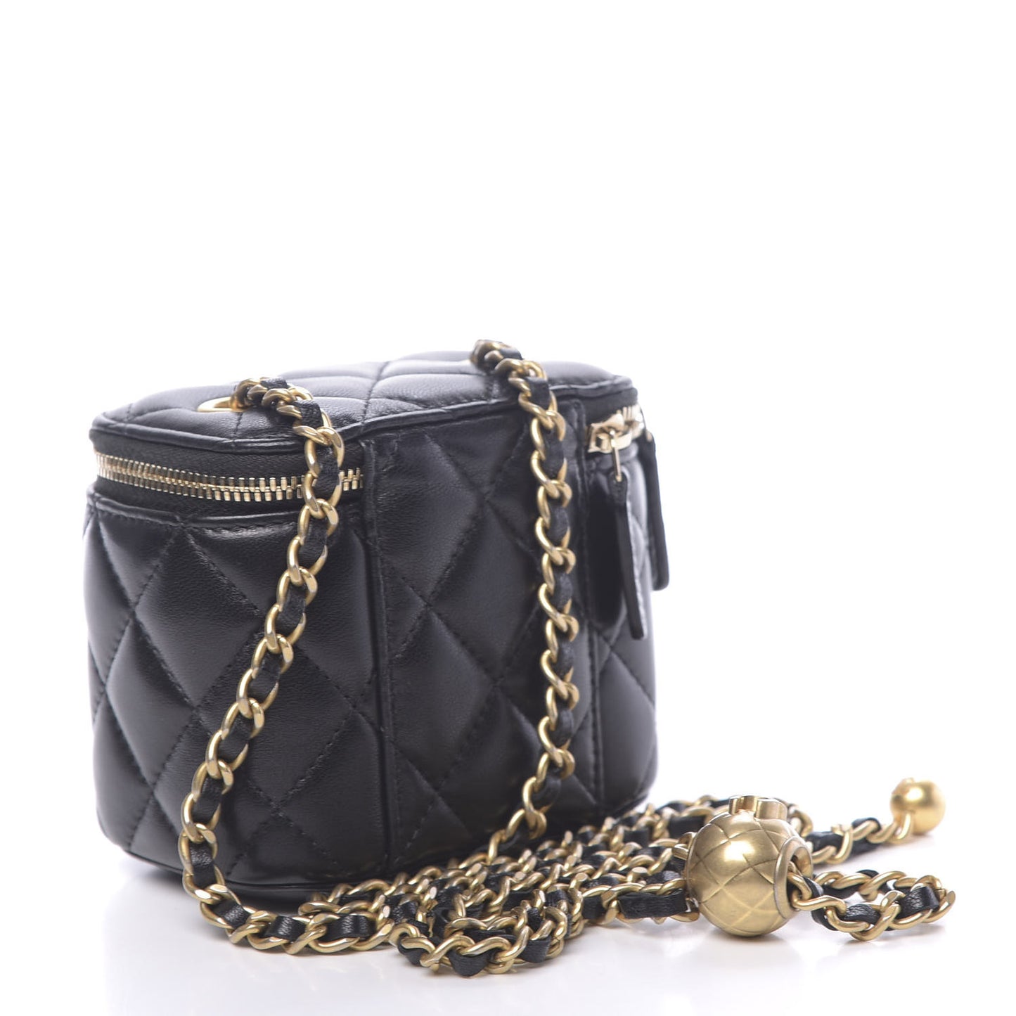 Lambskin Quilted Mini Pearl Crush Vanity Case With Chain Black