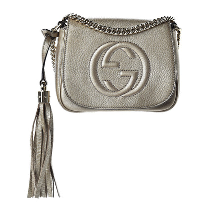 Gucci Metallic Pebbled Calfskin Small Soho Flap Crossbody Golden Beige 1 of 11