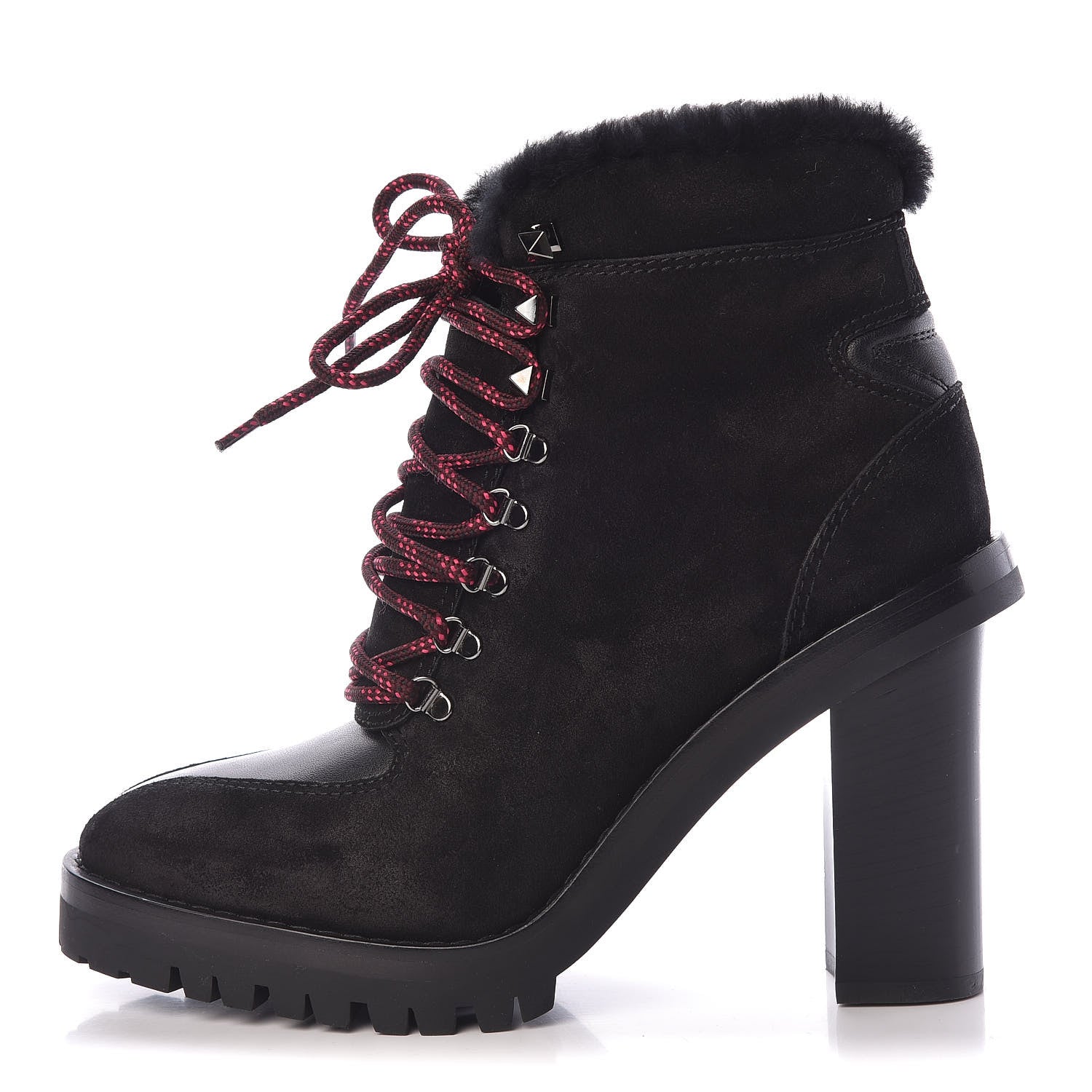 Valentino Garavani Suede Shearling Rockstud Lace-Up Ankle Boots 39.5 Black 1 of 8