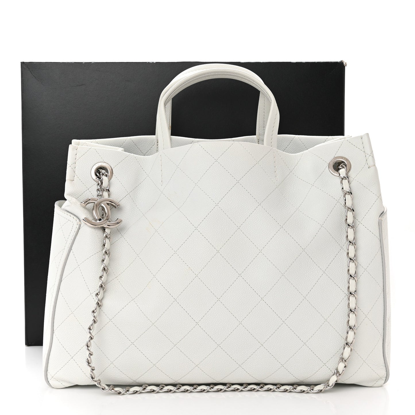 Grained Calfskin CC Pocket Tote White