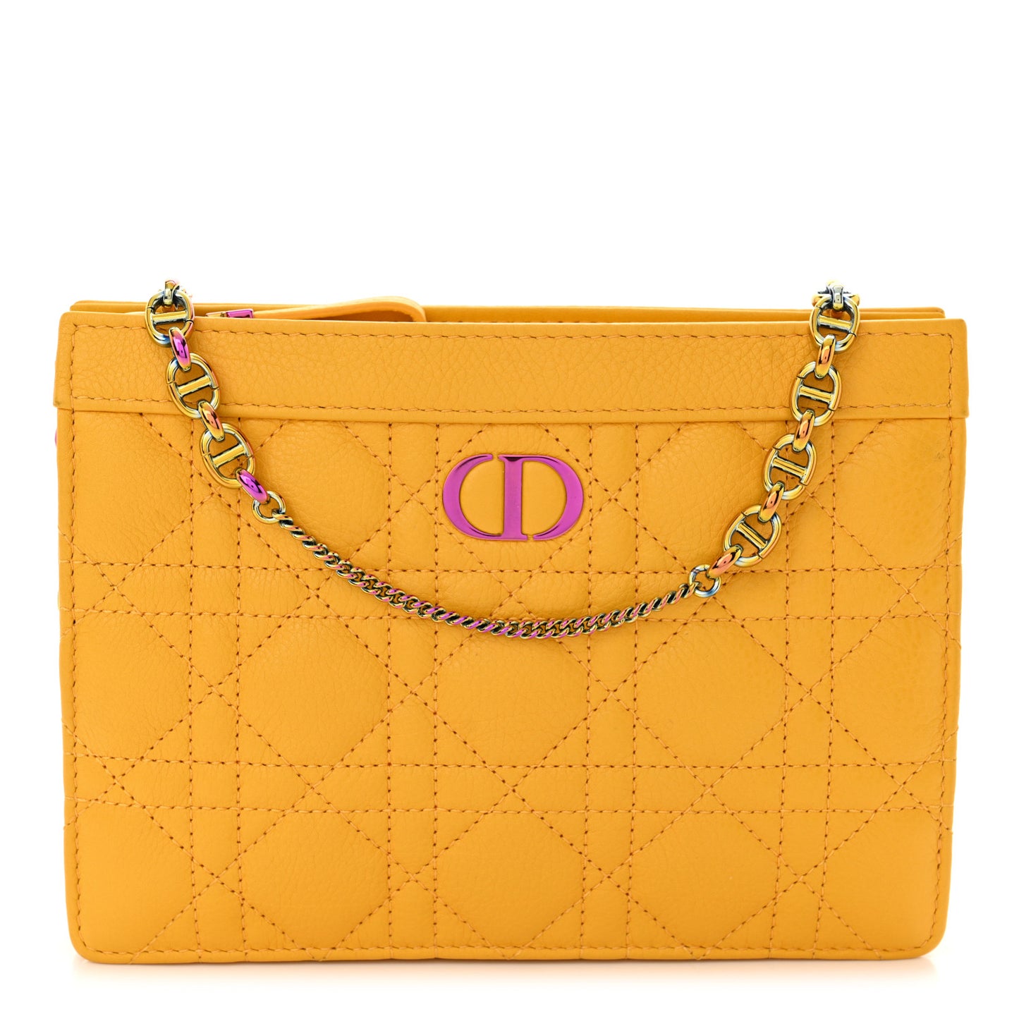 Calfskin Cannage Caro Zipped Pouch With Chain Sunny Yellow