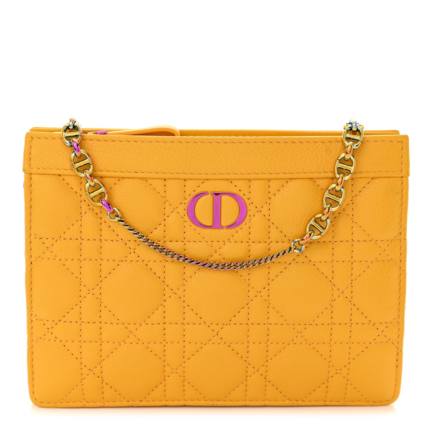 Christian Dior Calfskin Cannage Caro Zipped Pouch With Chain Sunny Yellow 1 of 10