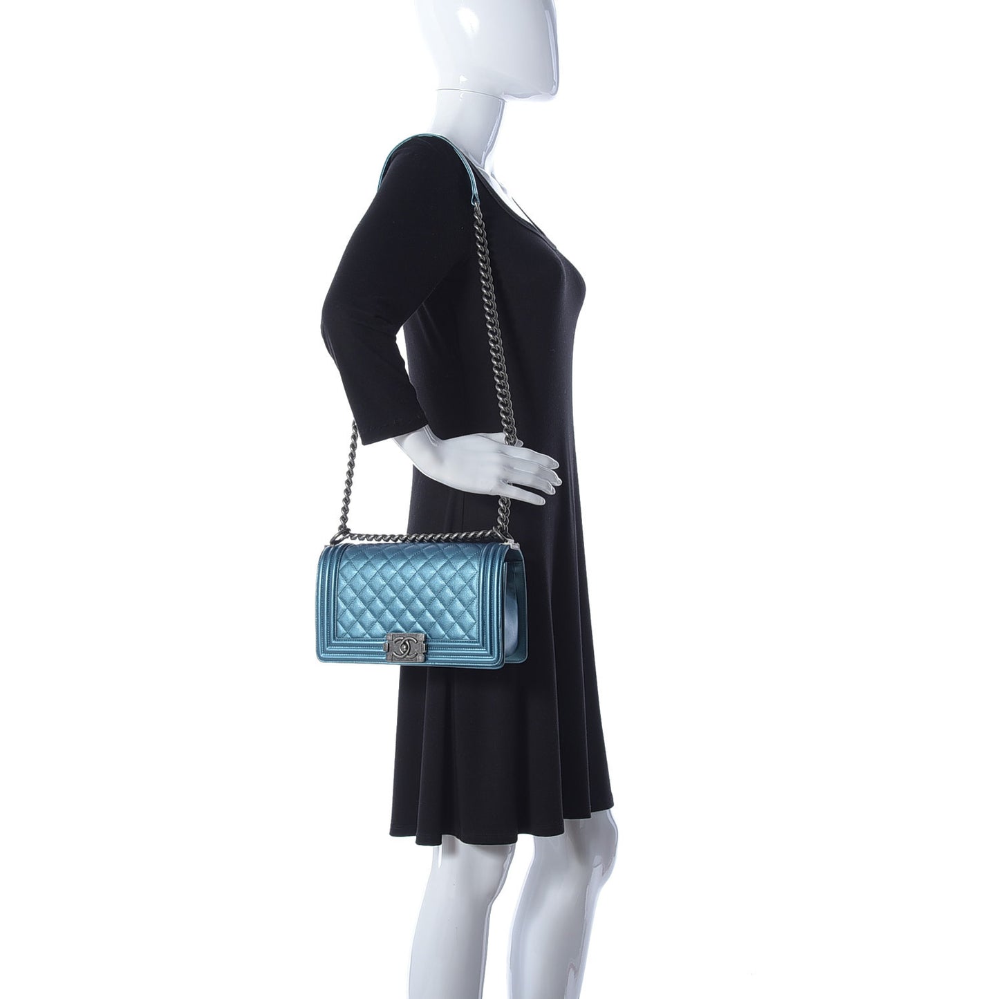 Metallic Caviar Quilted Medium Boy Flap Turquoise