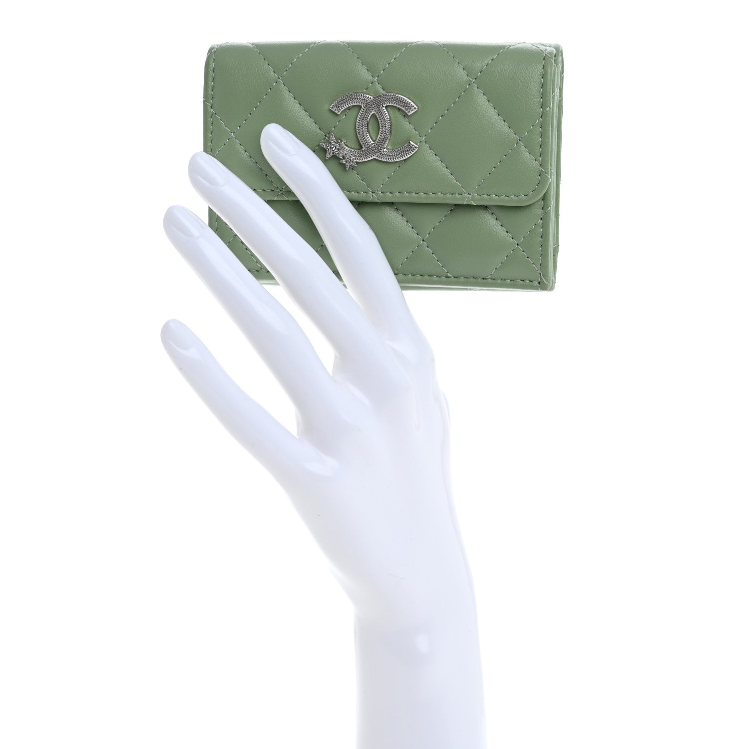 Chanel Caviar Quilted Crystal Star Wallet White Green 2 of 8