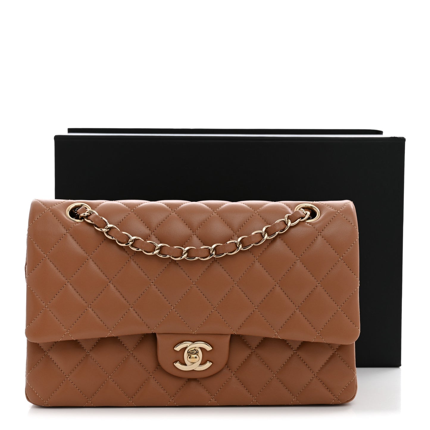 Lambskin Quilted Medium Double Flap Brown