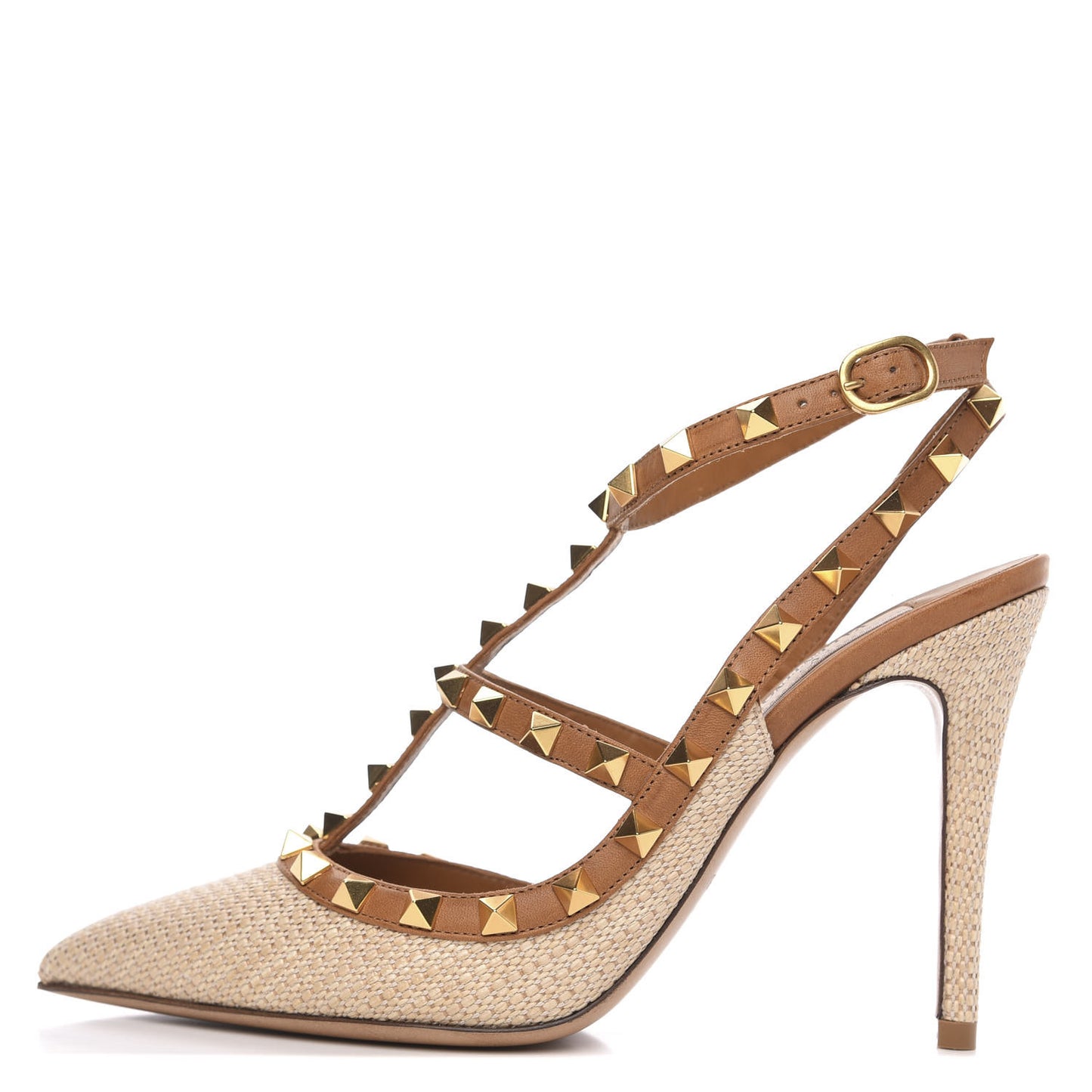 Raffia Calfskin Rockstud Ankle Strap 100mm Pumps 37.5 Natural Saddle Brown
