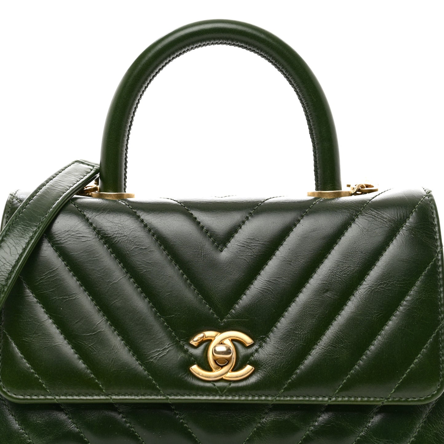 Calfskin Chevron Quilted Mini Coco Handle Flap Green
