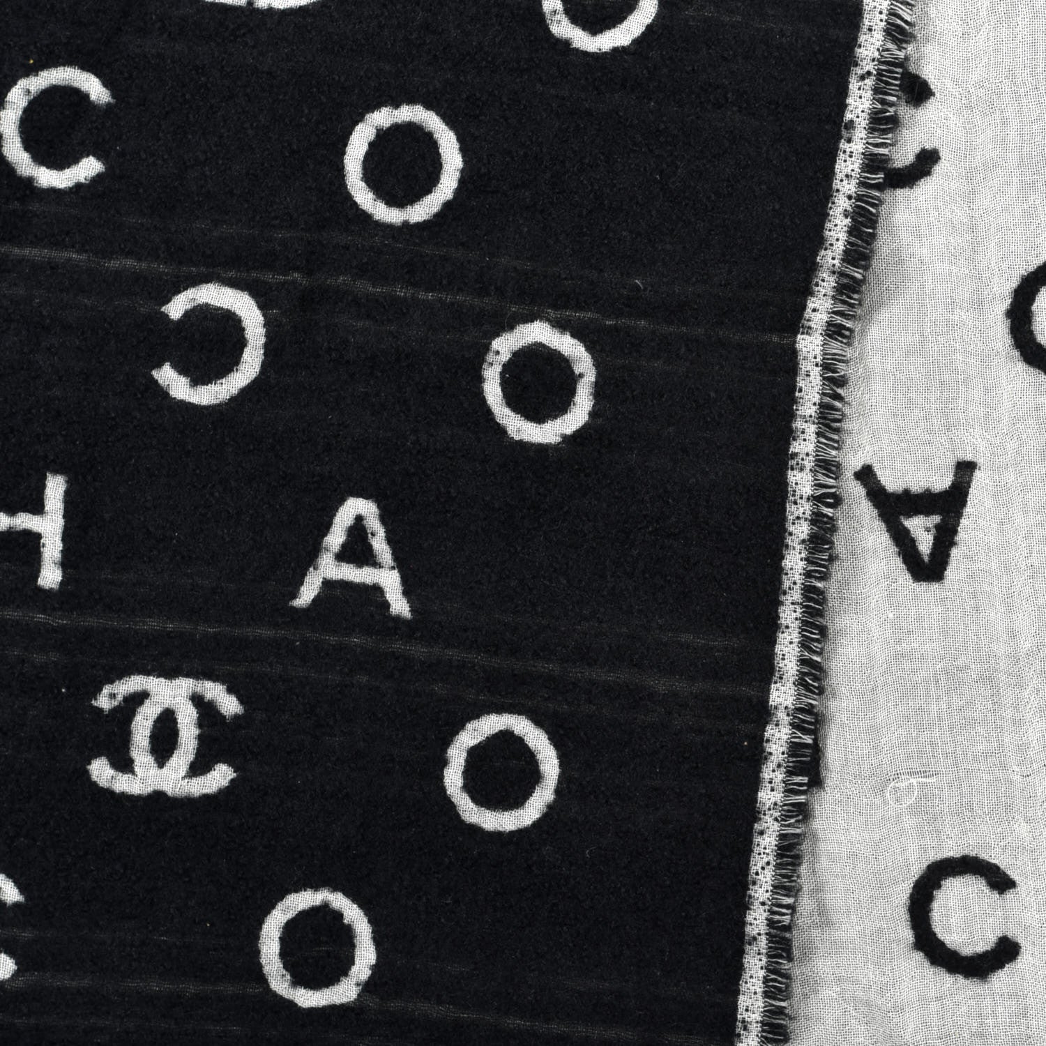 Chanel Wool Cashmere CC Scarf Black White 3 of 4