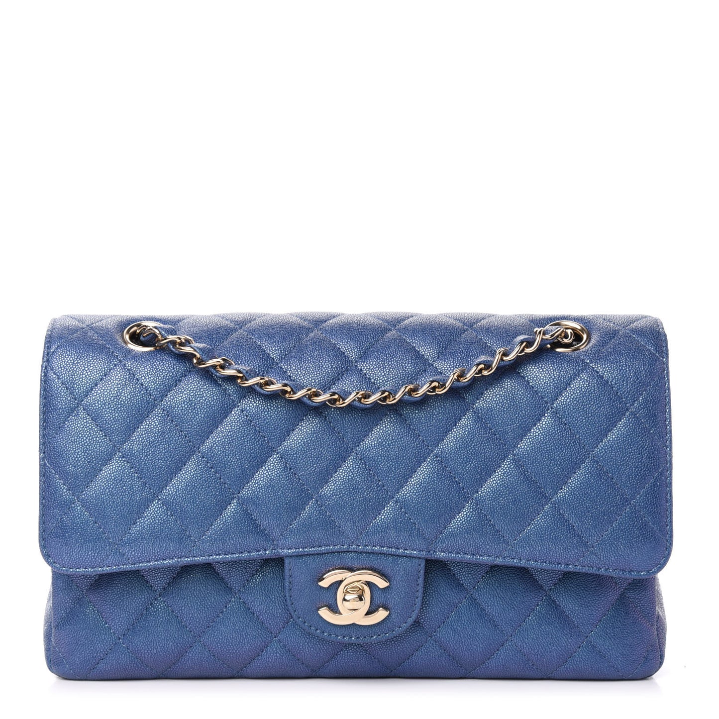 Iridescent Caviar Quilted Medium Double Flap Dark Blue
