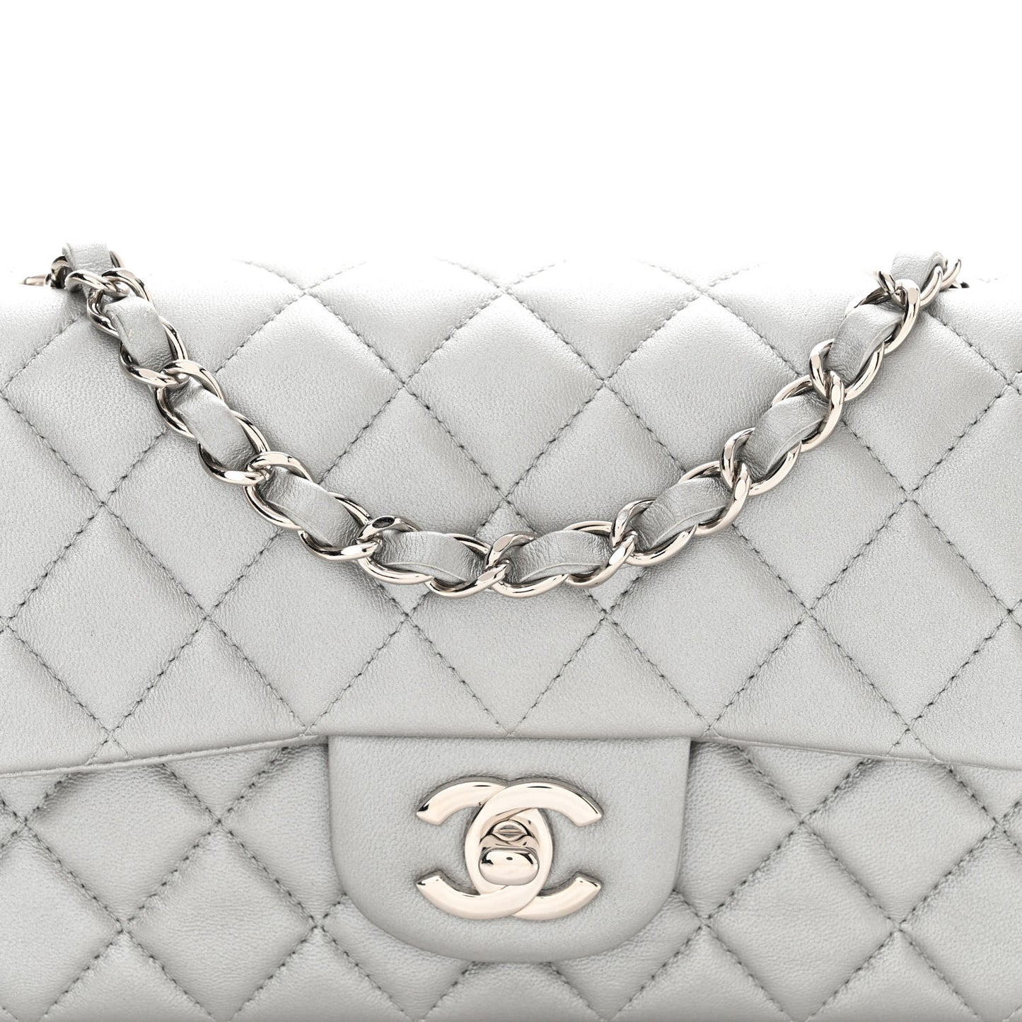 Metallic Lambskin Quilted Mini Rectangular Flap Silver