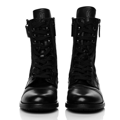 Chanel Calfskin Quilted CC Tall Lace Up Combat Boots 38 Black 2 of 7