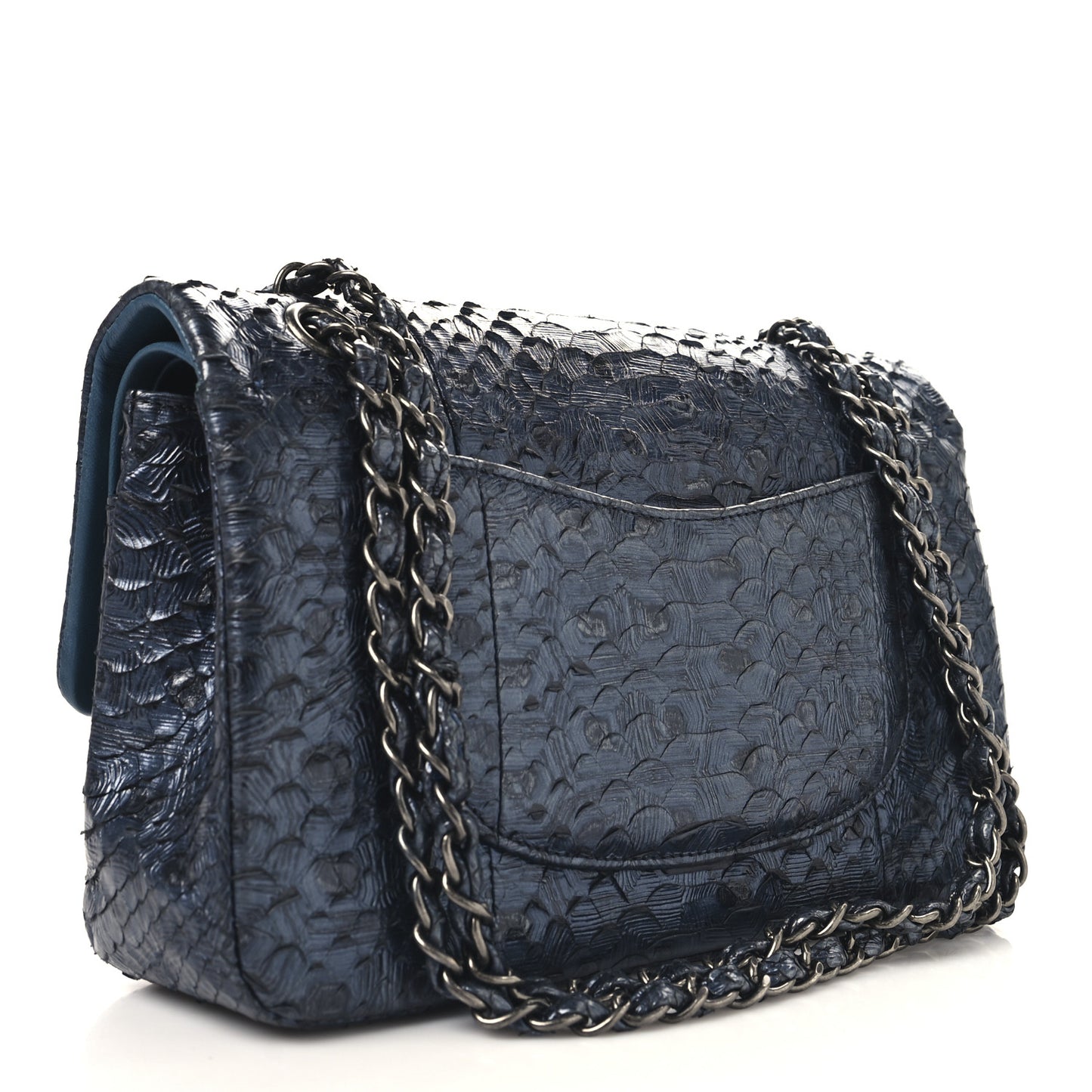 Metallic Snakeskin Medium Double Flap Blue