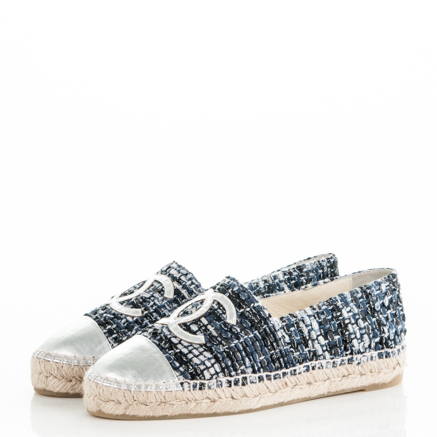 Chanel Metallic Tweed Patent CC Espadrilles 37 Blue Black Silver 3 of 8